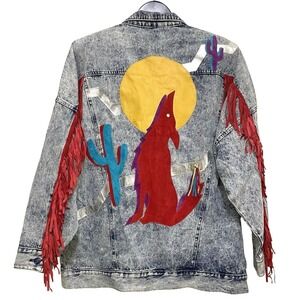Vintage Opal Denim Leather Jacket Western Wolf Moon Acid Wash Fringe 80s 90s M L